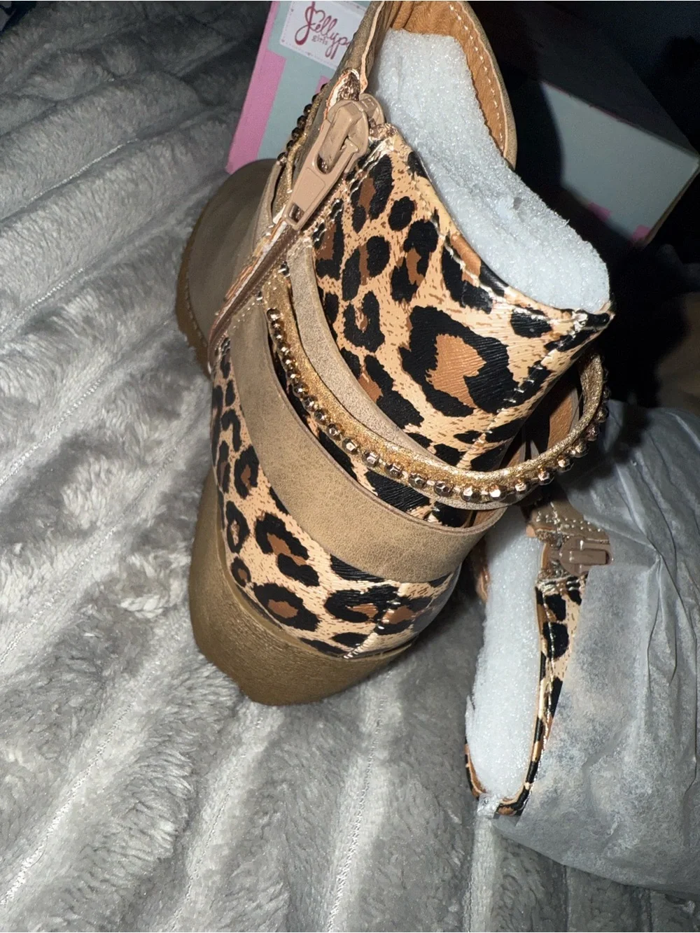 Jellypop Tan Ankle Boots with Leopard Accent and Rhinestone Strap